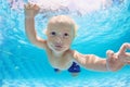 Portrait of baby boy swimming and diving underwater in pool