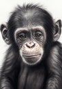 Portrait of a baby chimpanzee, pencil drawing, black and white digital illustration, of an ape, monkey Royalty Free Stock Photo