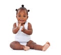 Portrait, baby and clapping with smile in studio for applause, playing and cheerful for motor development. Children