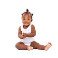 Portrait, baby girl and clapping with smile in studio for applause, playing and cheerful on white background. Child Royalty Free Stock Photo