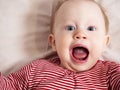 Portrait of a baby girl, 8 months old, looking at the camera, mouth wide open, screaming, top view, close-up. A mischievous, Royalty Free Stock Photo