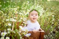 Portrait of a baby girl 7 months old sitting on a chamomile field in a wreath in a white dress, a healthy walk in the fresh air Royalty Free Stock Photo