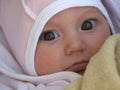 Portrait of a baby girl in a pink hat and with big brown eyes Royalty Free Stock Photo