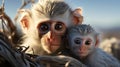 Portrait of a baby macaque with its mother. Generative AI.