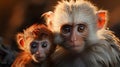 Portrait of a baby macaque with its mother. Generative AI.