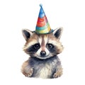 portrait baby racoon wearing party hat