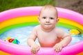 Portrait of a baby in a swimming pool in the summer