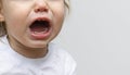 Portrait of a baby toddler child crying. Kid opened his mouth wide, in which fangs erupt and saliva flows. The child has