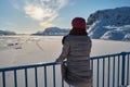 Portrait from back of warmly dressed woman in defocus standing in front of sea looking far away looking at winter rough