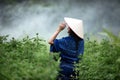 Portrait backside woman wearing indigo cloth dye from natural