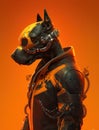 Portrait of bad dogs wearing jacket on orange background. Created Generative AI