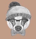 Portrait of Badger with glasses, hat and bow tie.