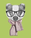 Portrait of Badger with glasses and scarf.