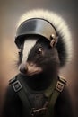 Portrait of a badger wearing a military helmet and fur.