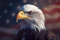 Portrait of Bald Eagle bird in front of blurry American flag in background. Generative AI Royalty Free Stock Photo