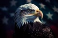 Portrait of Bald Eagle bird in front of blurry American flag in background . Generative AI Royalty Free Stock Photo