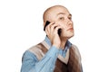 Portrait Bald man talking on the phone on white isolated background Royalty Free Stock Photo
