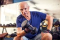 A portrait of senior man in the gym training with dumbbells. People, health and lifestyle concept