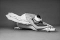 Portrait of ballerina in tutu and pointe shoes making a beautiful pose. Black and white photography. Graceful ballet dancer or