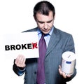 Portrait of bankrupt broker holding money box