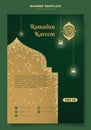 Portrait banner with sparkle in green yellow background with line art of lantern and star for ramadan kareem design. arabic text Royalty Free Stock Photo