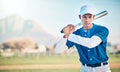 Portrait, baseball and mockup with a sports black man outdoor on a field standing ready to play a competitive game