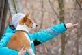 Portrait of Basenji dog looking into the distance while sitting on master hands