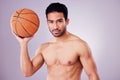 Portrait, basketball and focus with a sports man in studio on a gray background for training or a game. Fitness, body or