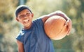 Portrait, basketball and happy black boy ready to train outside for fitness, health and wellness. Sports, childhood and