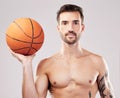 Portrait, basketball and man with fitness, sport and exercise with motivation on grey studio background. Face, male