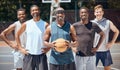 Portrait, basketball and team on sports court training for a competition, game or match with a smile. Workout, athletes