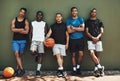 Portrait, basketball and team after sports training for a game on an outdoor professional court. Workout, athletes and