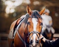 Portrait of a bay horse with a saddle on its back, which is held by a horse breeder by the bridle rein. Equestrian sports and Royalty Free Stock Photo