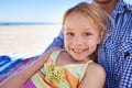 Portrait, beach and father with girl, smile and relax with happiness and family with vacation. Face, single parent and Royalty Free Stock Photo
