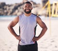 Portrait, beach and man with confidence for volleyball for fitness or cardio with sports person. Happy, face and male