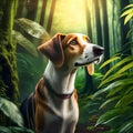 Portrait of a Beagle dog in a green tropical forest. AI Generated