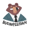 Portrait of Bear Businessman, Humanized Brown Animal Character Wearing Business Suit and Glasses Cartoon Vector