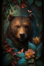 Portrait of a bear among roses and palm leaves