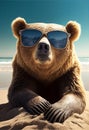 Portrait Bear in sunglasses at the resort. AI generated