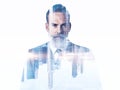 Portrait of bearded businessman. Double exposure