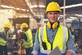 Portrait of a bearded factory worker in a hardhat staring at the photo while standing in a workshop, copy space, and factory Royalty Free Stock Photo