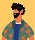 Portrait of a bearded happy man in a Hawaiian shirt with palm trees. Vector illustration.