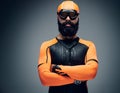 Bearded male in scuba diving mask dressed in orange neopren divi Royalty Free Stock Photo