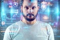Portrait of a bearded man against the background of a hologram with various details. The concept of new technologies, database,