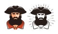 Portrait of bearded man in cocked hat. Cartoon vector illustration Royalty Free Stock Photo