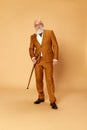 Portrait of bearded, mature, bald man in elegant, classical suit and walking stick posing with serious expression