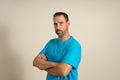 Portrait of a bearded spanish man posing with his arms crossed while looking at the camera very serious, isolated over Royalty Free Stock Photo