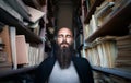 Portrait of bearded stylish hipster man with closed eyes in library