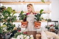 Portrait of beauitful florist lady holding plants in pot