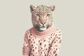 Portrait of a beautiful adult leopard wearing fashion pink sweater on a light background. Generative AI